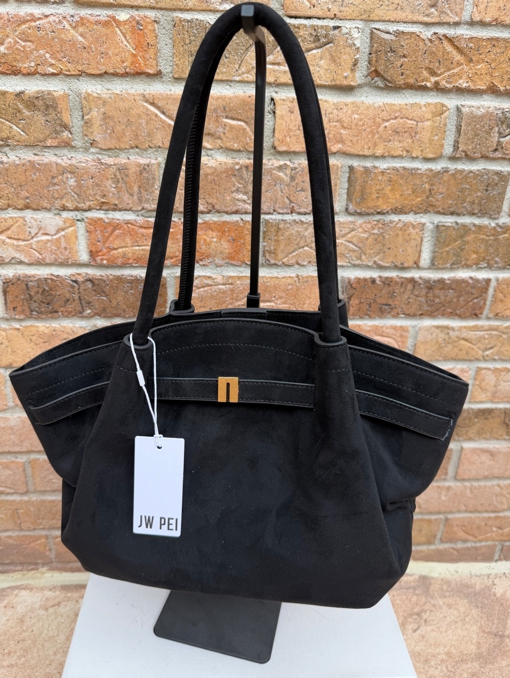 JW PEI Black Suede Structured Shoulder Tote Bag Gold Hardware NWT